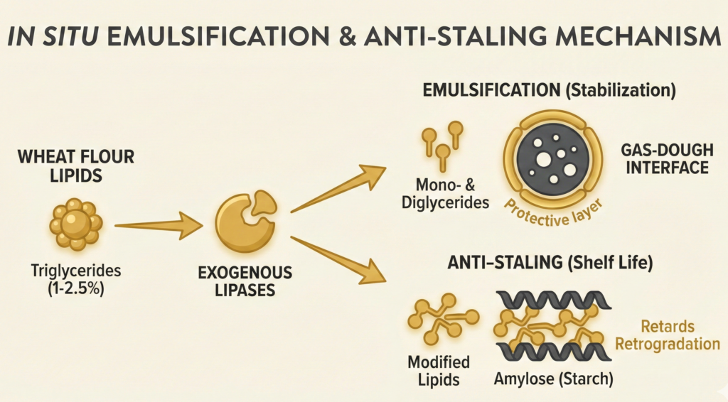 In-situ emulsification and anti-staling mechanism in wheat flour lipids: enzymatic path to clean label industrial baking.