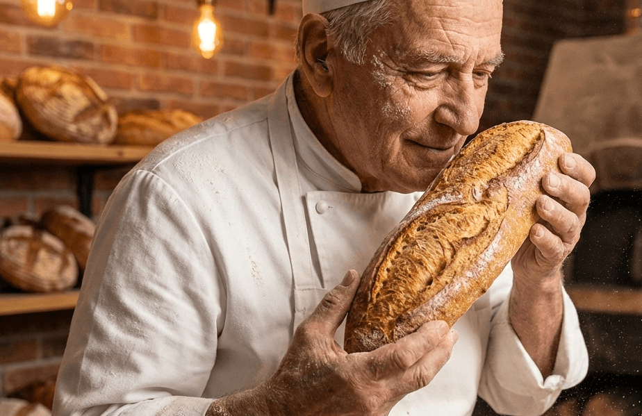 Artisan baker smelling a freshly baked sourdough loaf to evaluate aroma development and crust quality.