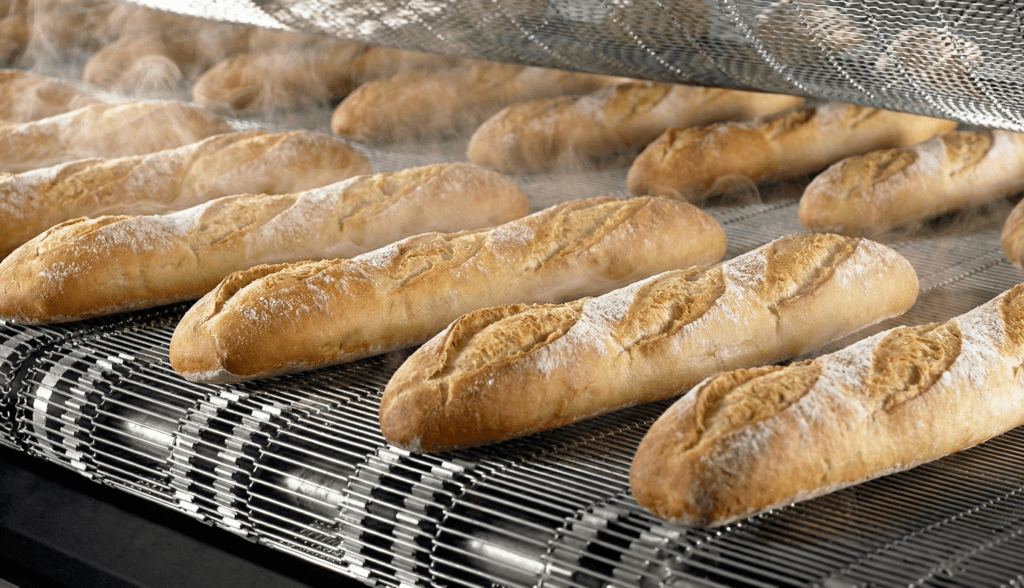 Freshly baked baguettes on a stainless steel conveyor belt inside an industrial tunnel oven.