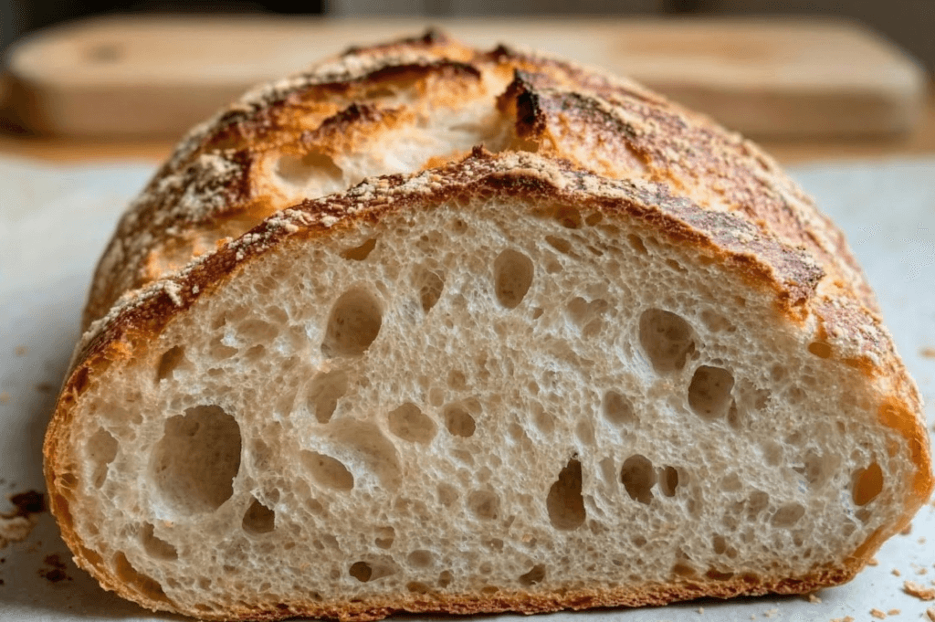 Cross section of industrial bread with crispy crust and sofClose-up of a crusty artisanal bread loaf showing the porous crumb and golden-brown mahogany crust.t crumb structure