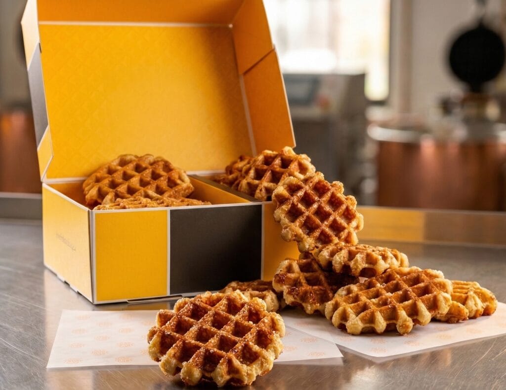Industrial Belgian waffle production: optimizing fermentation and baking for consistent texture and pearl sugar caramelization.