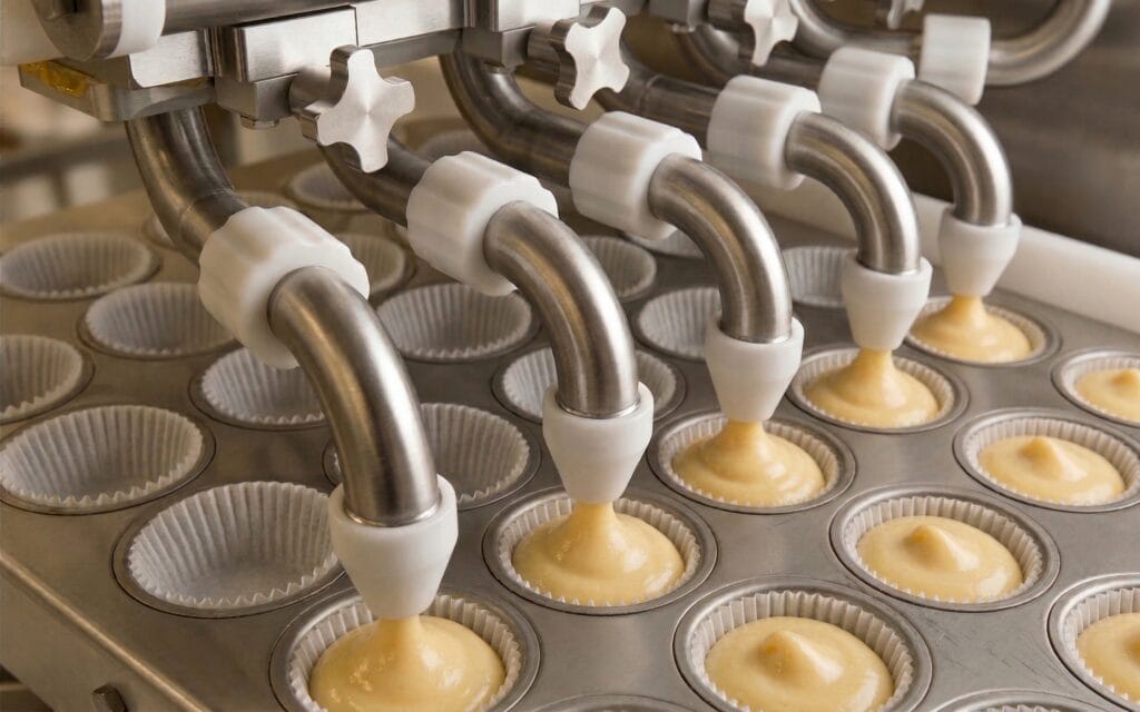 Industrial cupcake production: multi-head depositor managing batter rheology for clean dosing.
