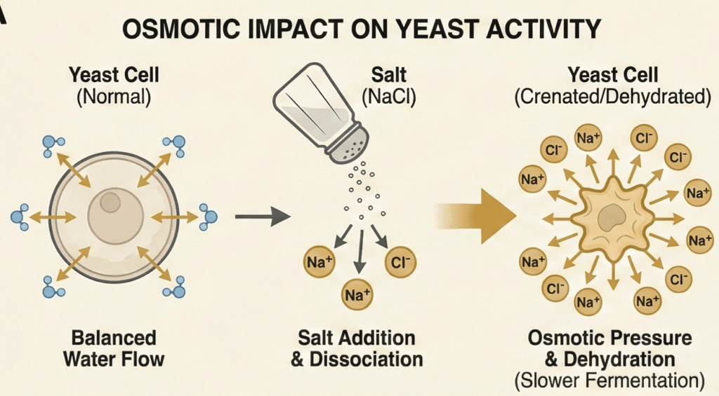 Osmotic impact of salt on yeast cell activity and water flow in bakery dough.