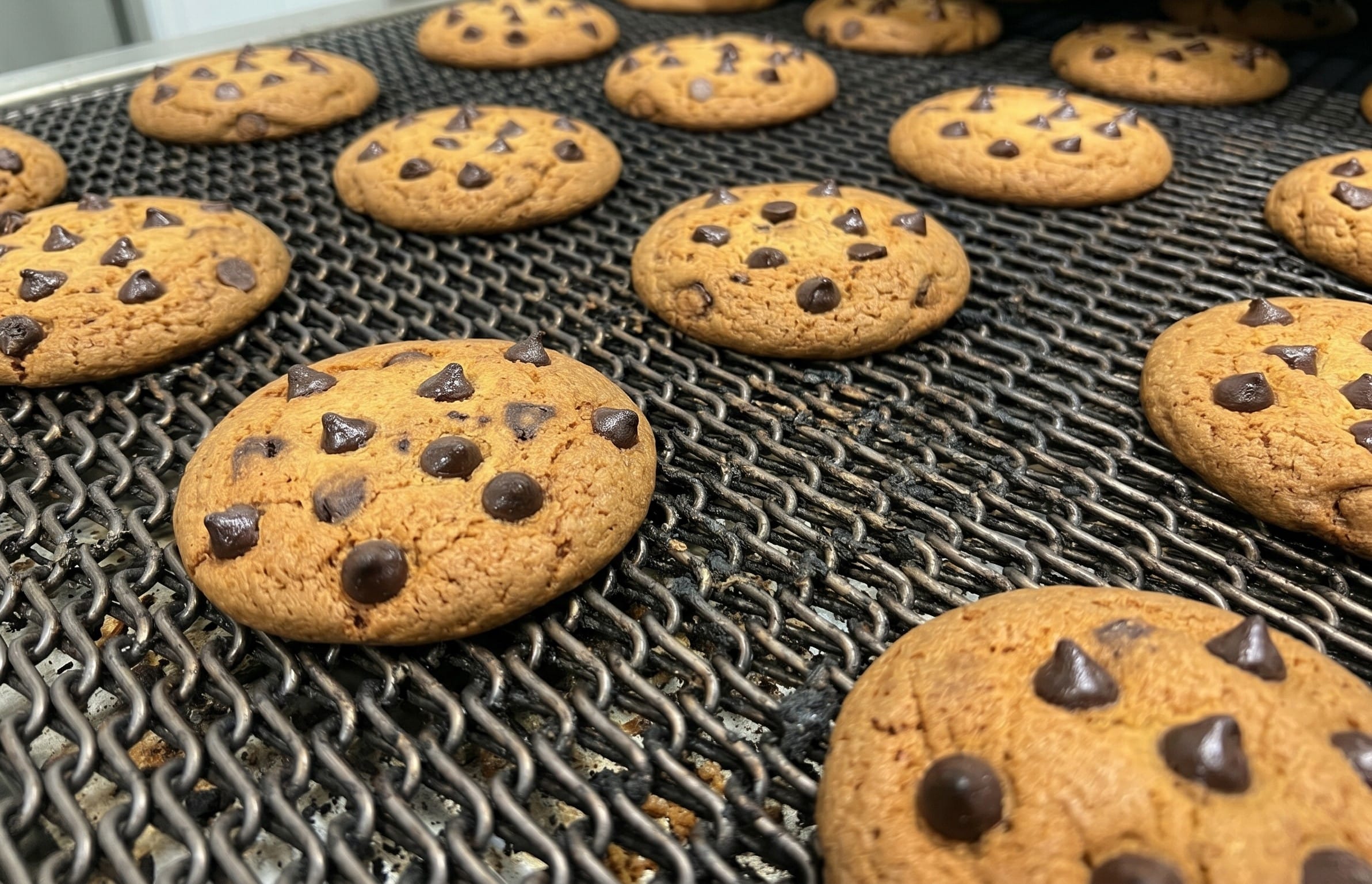 Freshly baked chocolate chip cookies on an industrial conveyor belt