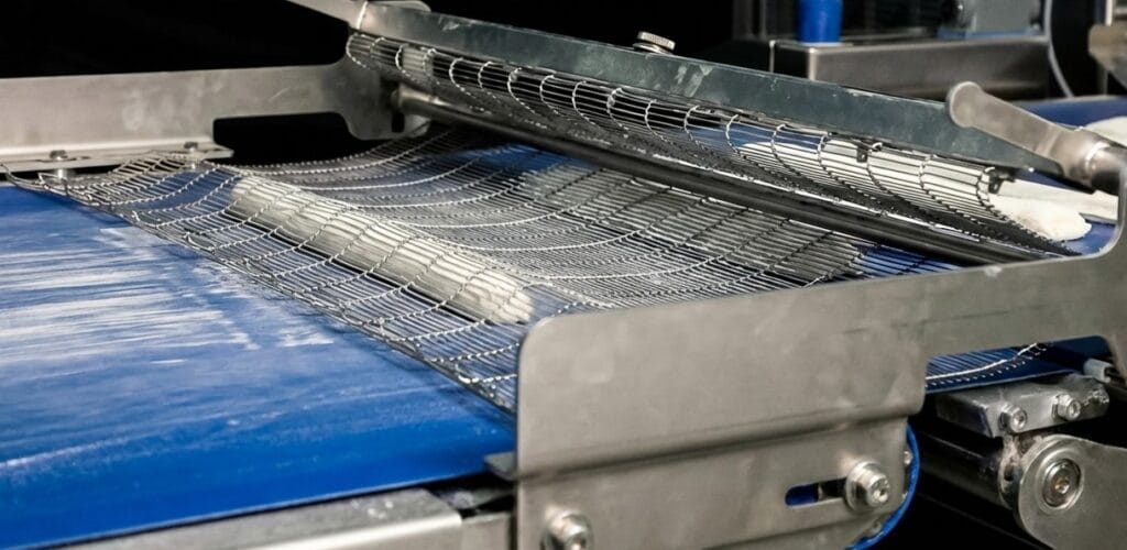 Industrial dough molding curling process: defining cellular architecture and crumb structure in high-speed bakery production.